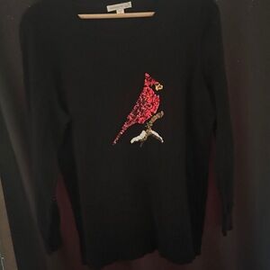 Black Sweater with Red Sequin Bird Design